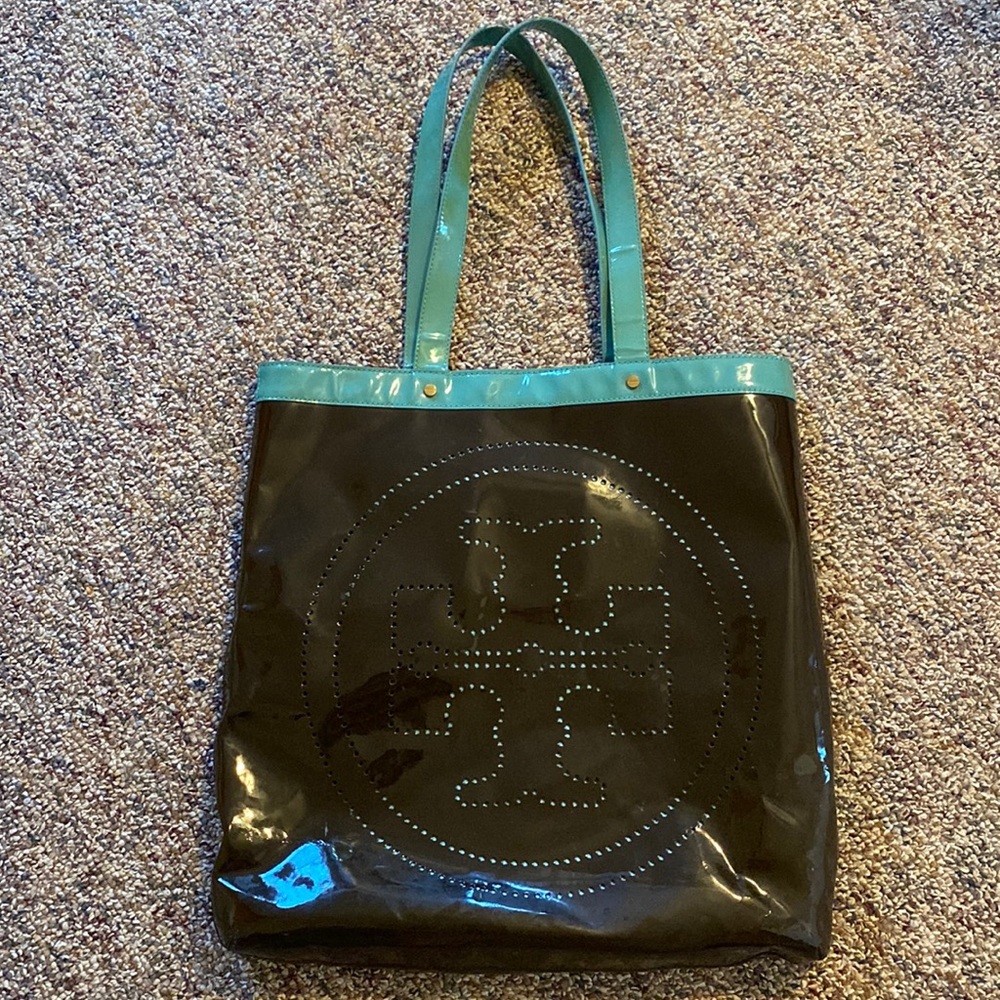 Brown and blue Tory Burch patent tote.